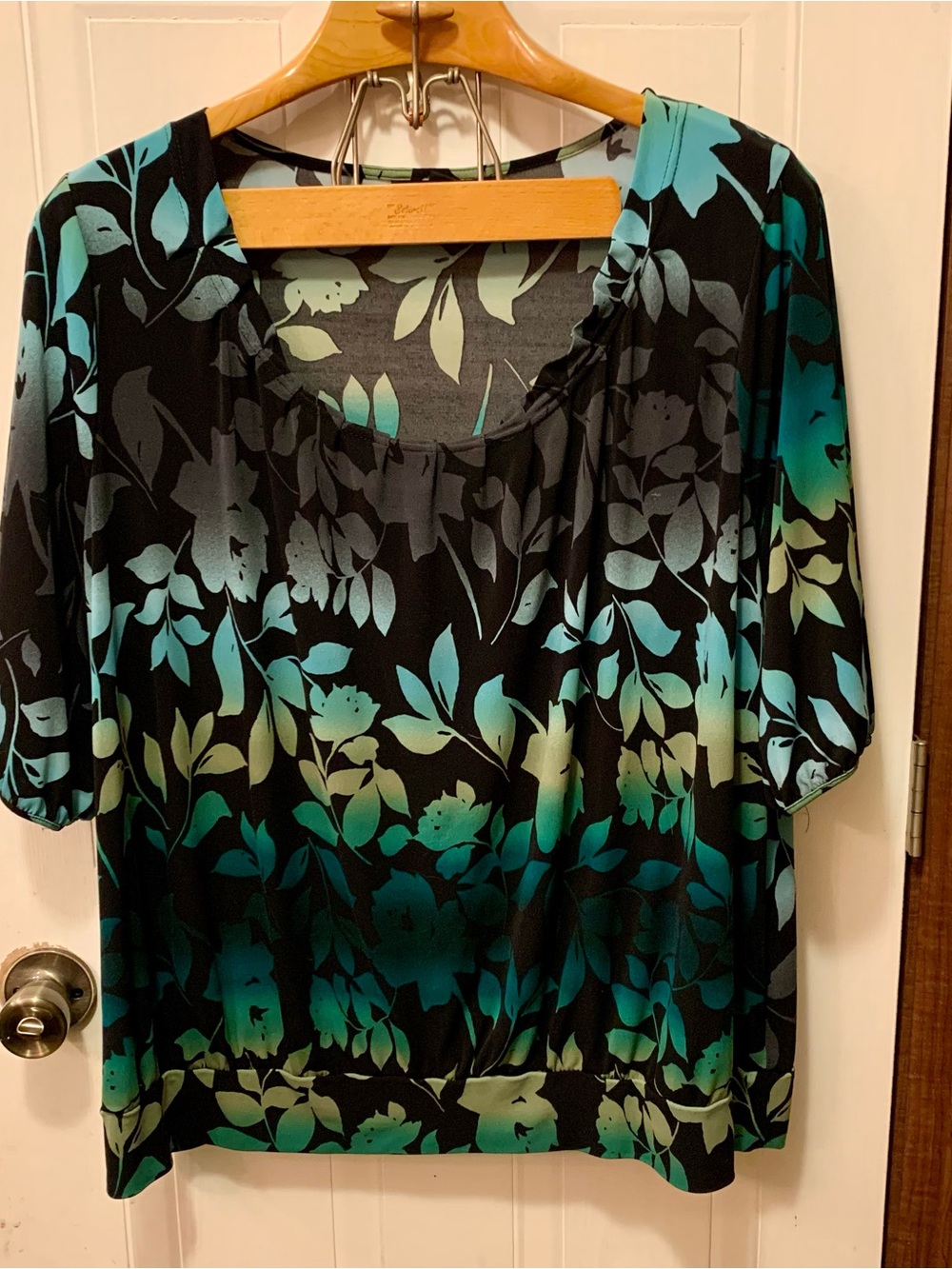 Style & Co. Teal & Green Ombre Floral Ruched Neck Top 3X